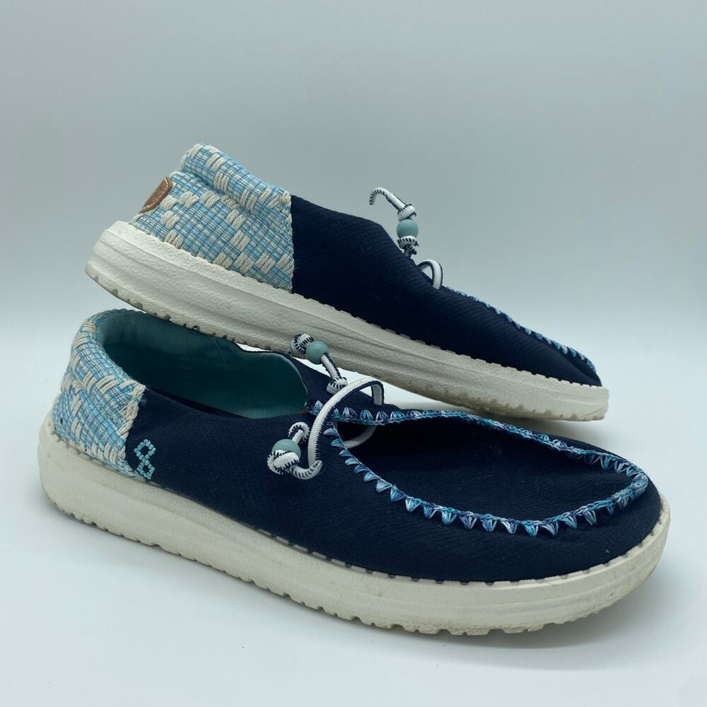 Hey Dude Navy Blue Wendy Funk Jacquard Slides Slip-On Easy Beaded Women's size 6